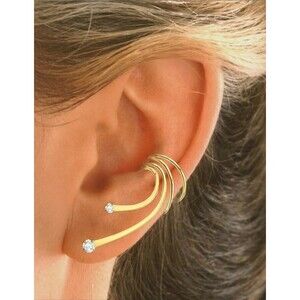 Ear Charms Long Wave Ear Cuffs 925 Sterling Silver Gold Tone CZ Non Pierced Pair